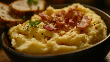 Scrambled eggs with bacon and cheese, Food stock photo