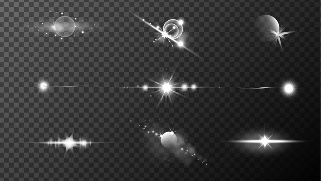 Silver white light. Shining star, light spark with rays. Light sparkle bling effect.Fireworks Silver Flare light vector set.