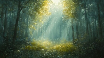 Fototapeta premium A mystical forest scene features soft, diffused light cascading through treetops, emphasizing lush greenery and dappled lighting that invites viewers into this enchanting natural realm.