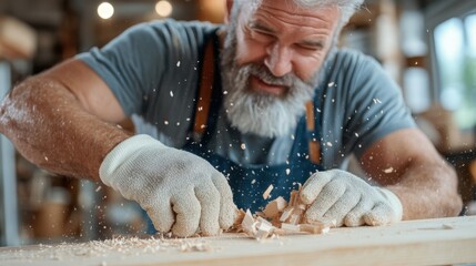 An experienced craftsman with a gray beard, focused on skillfully shaping a wooden piece in his well-equipped workshop, showcasing artistry and attention to detail.