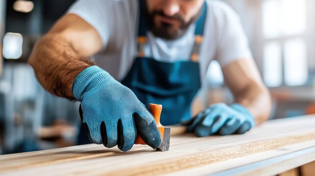 A skillful carpenter wearing gloves uses a hand chisel to craft a wooden surface, exhibiting precision and care in his luminous workshop filled with tools and wood shavings.