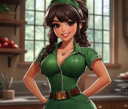 A vibrant young woman in a green jumpsuit poses confidently in a sunlit kitchen