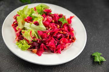 beet salad Baked beetroot, potatoes, green peas, green leaf salad tasty food dish Fresh gourmet food background on the table rustic food top view copy space top view keto and paleo diet Vegetarian