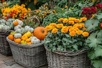 baskets with various pumpkins and orange flowers