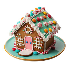 A delightful gingerbread house decorated with colorful candies on a decorative plate. isolated on transparent background