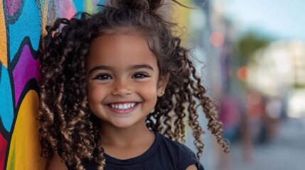 A cheerful girl with intricate curly hair poses happily in front of a vibrant and colorful mural, capturing her youthful energy and spirit in an urban setting.