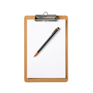 recommend clip art: Clipboard with blank paper and pen on a white background.