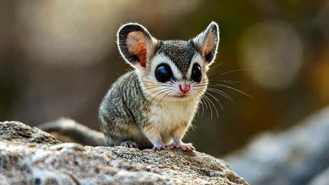 A small, gray and white mouse lemur sits on a rock, looking at the camera with large, dark eyes
