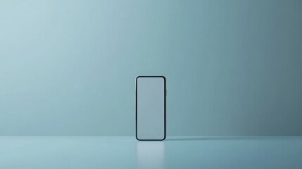 A phone is standing on a blue surface