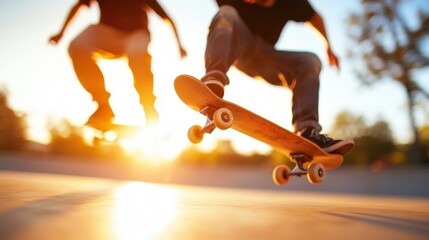 Two skateboarders performing mid-air tricks with the sun highlighting their dynamic movement, encapsulating the thrill and excitement of skateboarding culture.