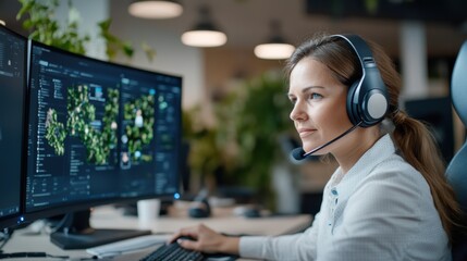A woman analyzing digital data on multiple screens while wearing a headset in a plant-filled office, highlighting focus, technology, and modern work environments.