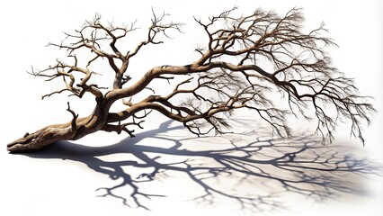 A skeletal tree branch casts intricate shadows on a white background, a testament to the enduring beauty of nature's forms even in the absence of leaves.