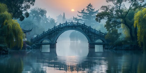 Arched bridge at sunset in a traditional Jiangnan water town, Zhejiang province. A beautiful depiction of Chinese culture with serene waterways, ancient architecture, and golden sunset light reflectin