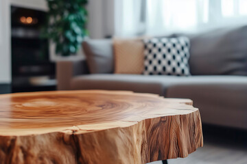 Close-up of a natural wood table in a modern living room decor.