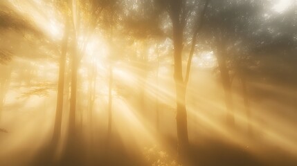 Fototapeta premium A serene foggy forest scene at dawn showcases soft golden sunlight filtering through mist, creating an ethereal atmosphere with glowing silhouettes of trees and tranquil foliage.
