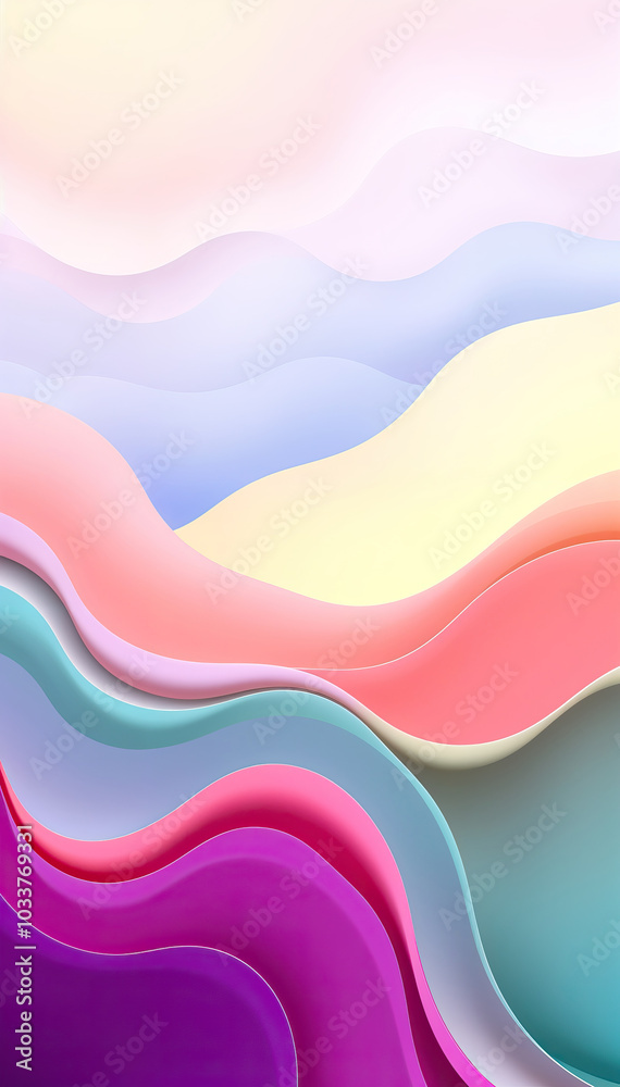 Poster abstract pastel wavy layers in pink blue yellow soft tones 3d effect artistic design flow vertical f