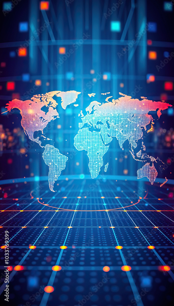 Aufkleber digital world map with glowing blue grids data streams global network futuristic technology concept vertical format