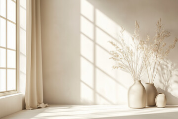 Minimalist vases with dried plants and soft shadows in bright room.