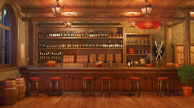 Cozy Fantasy Tavern in an Adventurer&rsquo;s Guild, Adventurer&rsquo;s Guild Tavern, loop animation, animated background.	