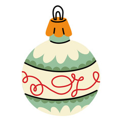 A Soviet Christmas tree toy. A round ball with lines, a glass colored toy. Cute illustration in vintage colors. New Year, Christmas elements. An isolated object is hanging on the Christmas tree