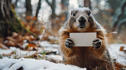 Naklejka premium Groundhog Day, groundhog holding a mock up card, groundhog holding a blank white card