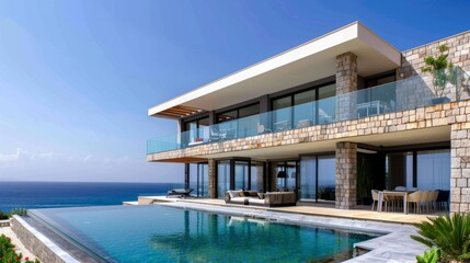 Fototapeta premium A contemporary two-story villa by the ocean, showcasing a spacious terrace and an empty pool area in front. The villa is constructed with stone and glass
