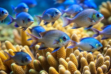 Fototapeta premium School of blue fish swimming through vibrant coral reef