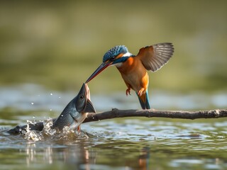 A colorful kingfisher sits on a branch, looking for fish to eat.