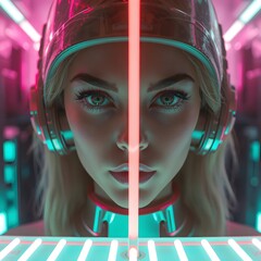 Close-up of female robot with neon