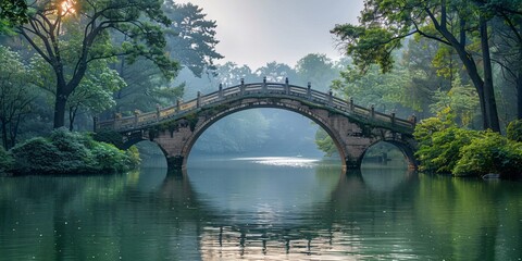 Fototapeta premium Arched bridge at sunset in a traditional Jiangnan water town, Zhejiang province. A beautiful depiction of Chinese culture with serene waterways, ancient architecture, and golden sunset light reflectin