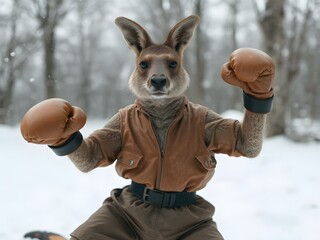Kangaroo in boxing suit on the snow