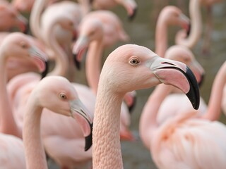 Beautiful pink flamingo with long neck and beak, standing in water at the zoo
