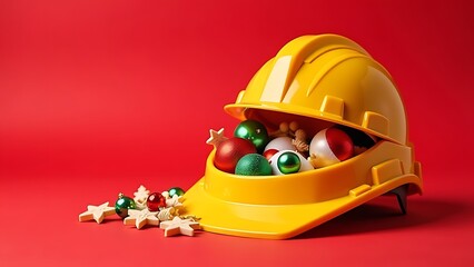 Yellow construction helmet filled with Christmas toys, red background, Christmas