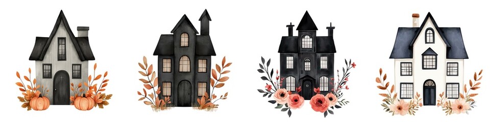 Four illustrated houses with floral accents, varying in design and color, creating a charming and whimsical aesthetic.