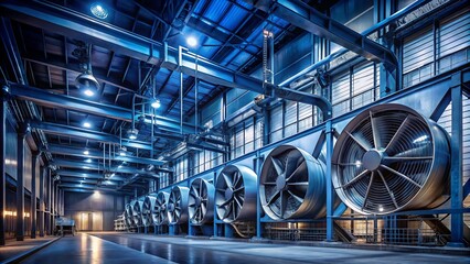 Fototapeta premium Night Photography of Industrial Ventilation System with Ducts and Fan, Capturing the Intricate Details of Machinery in Low Light, Highlighting Metal Textures and Atmospheric Effects