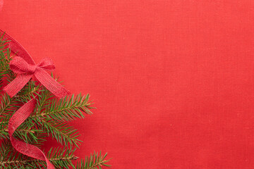 Christmas and zero waste, eco-friendly natural decoration on a red table, eco Christmas holiday concept, eco decor banner