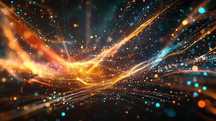 Obraz premium Abstract glowing dots and lines creating a digital landscape on a dark backdrop, embodying the concept of data flow