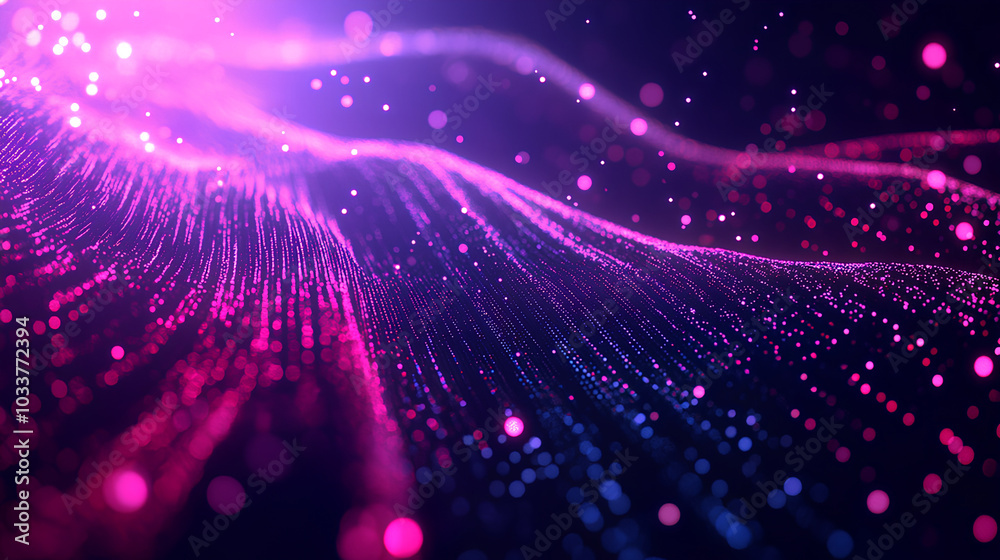 Poster abstract glowing dots and lines creating a digital landscape on a dark backdrop, embodying the conce