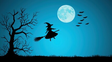 Fototapeta premium Witch flying on a broomstick, full moon and stars, flat design illustration 