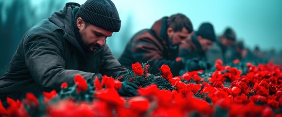 Men placing red carnations in field. Polish Independence Day commemoration