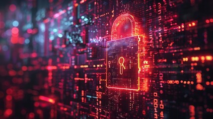 Fototapeta premium Glowing Cybersecurity Padlock Representing Digital Data Protection and Online Privacy in Red Tech Background Concept of Cyber Security Internet Safety