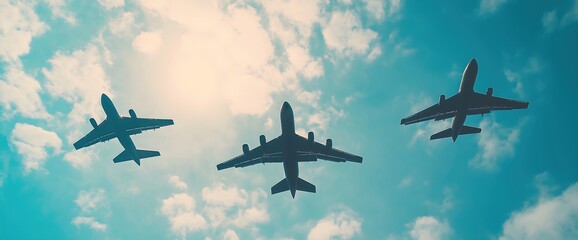 Three airplanes flying in formation against blue sky. Polish Independence Day aerial display
