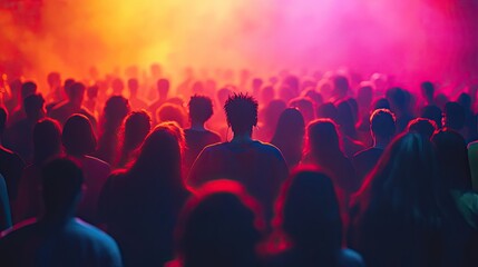 Crowd of people at a concert. This photo showcases the atmosphere of a live music event, with silhouettes of people enjoying the performance.