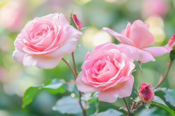 Naklejka premium Delicate pink roses bloom vibrantly in a sunlit garden filled with soft greenery