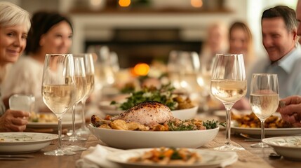 family gathered around a large dinner table clinking glasses and enjoying a festive celebratory meal together  The table is set with an array of delicious food and drinks