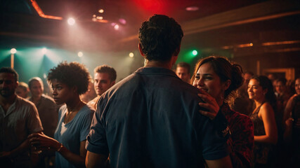 Couple enjoying a romantic dance in a lively nightclub surrounded by friends and vibrant lighting
