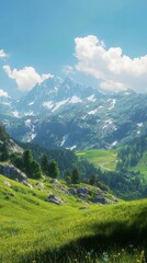 Fototapeta premium Majestic mountains soar over lush green valleys on a sunny day in the countryside