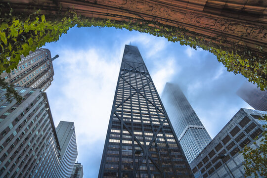 Chicago towers at foggy weather scenic view, famous landmarks in state of Illinois
