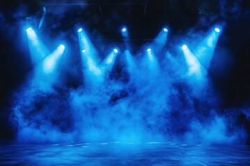 Stage with blue spotlights concert lighting smoke.