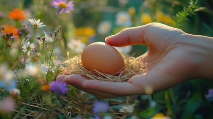 hand gently cradles a single brown egg